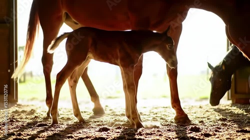 Foal and mother horse in barn doorway