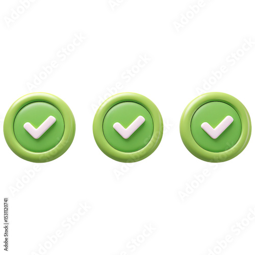 Three green circular icons each featuring a white checkmark symbol in the center, representing confirmation or approval.