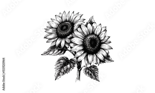 Sunflower Helianthus Flowers Vintage Engraving Vector Illustration, Botanical Art, Floral Design, Garden Decor, Rustic Style, Nature Drawing, Plant Clipart, Summer Blooms, Rustic Wall Art.