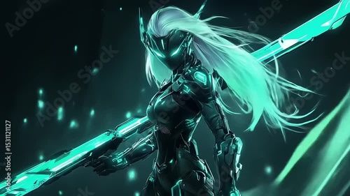 Futuristic warrior with glowing armor and weapon, standing in a dark, high-tech environment