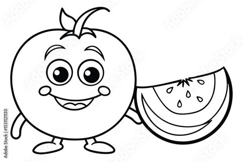 Adorable cartoon tomato character with a slice of watermelon in black and white outline style