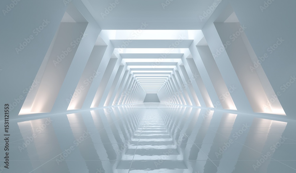 Naklejka premium Futuristic white corridor 3D render with geometric shapes, reflective surfaces and dynamic lighting