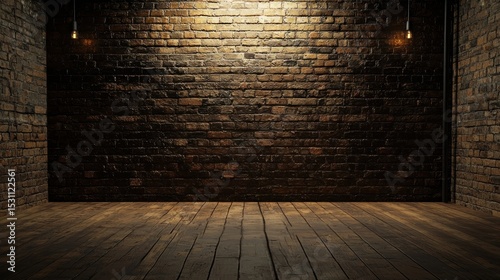 A dimly lit, brick-walled room with wooden floors, illuminated by two hanging lightbulbs.