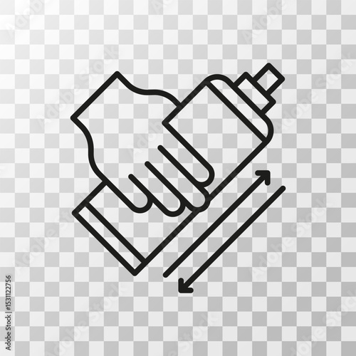 Linear icon of a hand shaking an aerosol can with motion arrows, isolated on transparent background. Suitable for spray product instructions or safety labels.