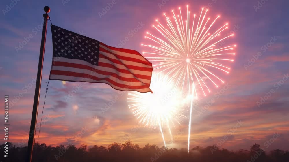 tranquil evening scene featuring the American flag gently waving atop a hill, with muted red and blue fireworks slowly ascending in the background against the sunset sky.