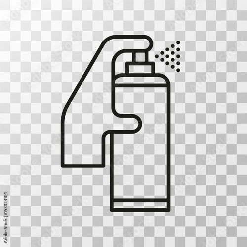 Line icon of a hand holding and spraying an aerosol can. Vector illustration on transparent background, ideal for cleaning or paint-related concepts.
