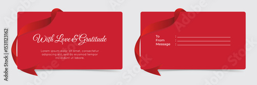 Red gift voucher with elegant ribbon and message of love and gratitude