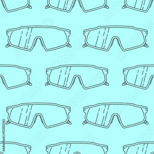 Seamless pattern with line art sports sunglasses on a light blue background. Modern, minimal design for fashion or activewear themes.