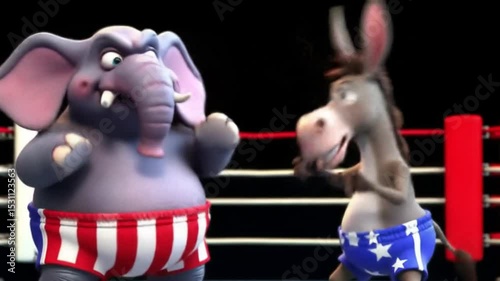 Donkey boxes with an elephant in a ring. Circus animal show concept. Entertainment, whimsical, animals, performance, novelty, surreal.