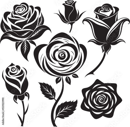 
A compilation of various stylized rose and floral designs in black and white and shades of red, suitable for decorative purposes.