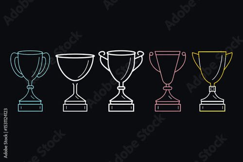 Set of Champion cup and medal. Outline winner laurel wreath. Cup icon in line. Vector Illustration.