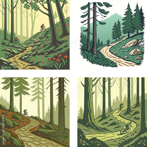 Mountain bike trail winding through alpine forests. 