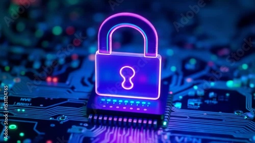 Digital security hologram of virtual key icon on circuit board. Financial data privacy concept and VPN service protection. Blockchain background and secure crypto wallet. 4k video