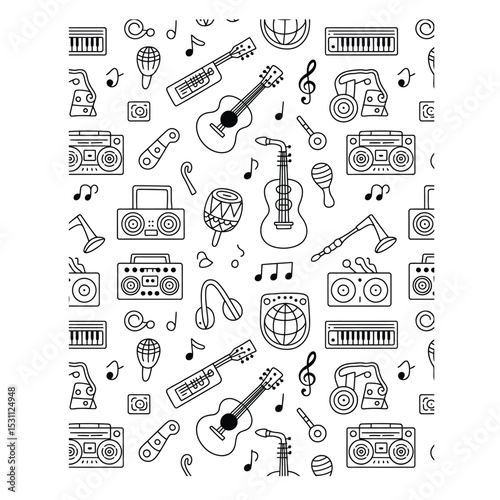 a seamless repeating pattern of hand-drawn doodle icons celebrating musical instruments and audio equipment