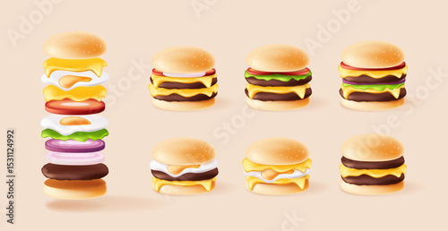 Juicy and delicious burger set illustration with various toppings and layers, ideal for food ads, menu design, fast food promo, or culinary content.