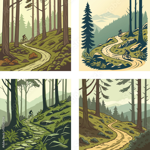 Mountain bike trail winding through alpine forests. 