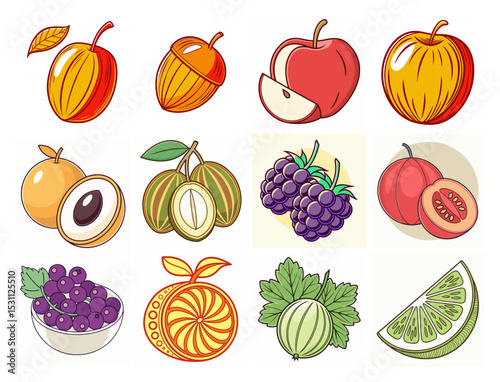 Colorful Cartoon Illustration of Various Fruits Berries and an Acorn