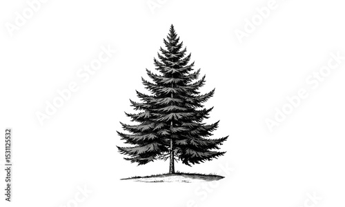Vintage Spruce Tree Engraving, Rustic Forest Art, Botanical Illustration, Nature Sketch, Antique Style, Vector Illustration.