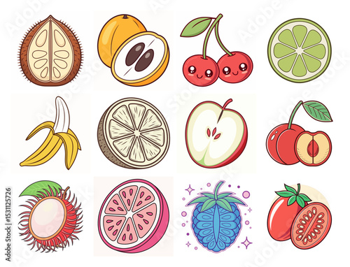 Colorful Cartoon Fruit Collection A Variety of Fresh and Delicious Fruits