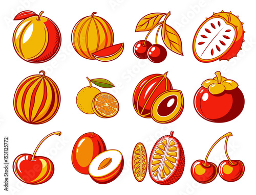 Collection of stylized fruit illustrations featuring vibrant colors and bold outlines