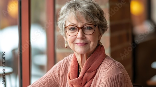 A woman with short gray hair wearing a pink sweater and a pink scarf, sitting in a cozy cafe with a window view.