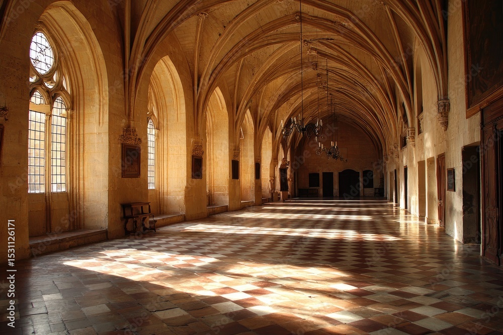Obraz premium Ancient cloister hallway, sunlight patterns
