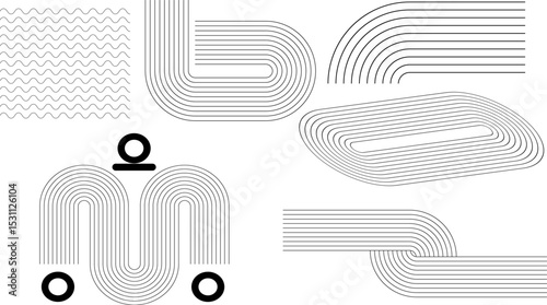 Abstract minimal  geometric shape in monochrome vector set, decoration, Modern cover template with black and white perspective geometric prism shape,Circle design elements,  Minimalist vector template