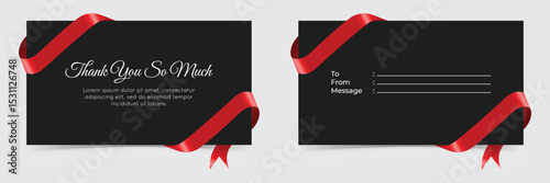 Black thank you gift voucher with red ribbon in an elegant style