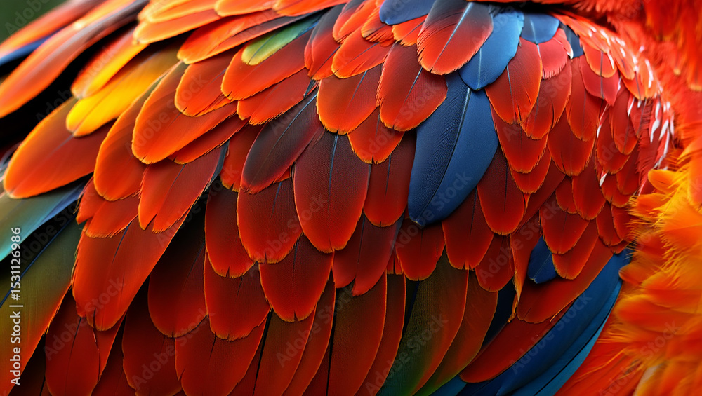 Fototapeta premium Vibrant Scarlet Macaw Feathers Close-Up: A Detailed Look at Nature's Colorful Palette