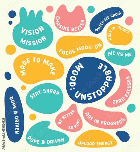 Vibrant Collection of self Motivational and Inspirational Phrases in Abstract Shapes