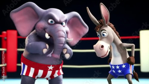 Donkey boxes with an elephant in a ring. Circus animal show concept. Entertainment, whimsical, animals, performance, novelty, surreal.