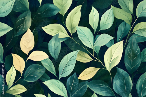 A repeating pattern of detailed, painted leaves in shades of green and cream.