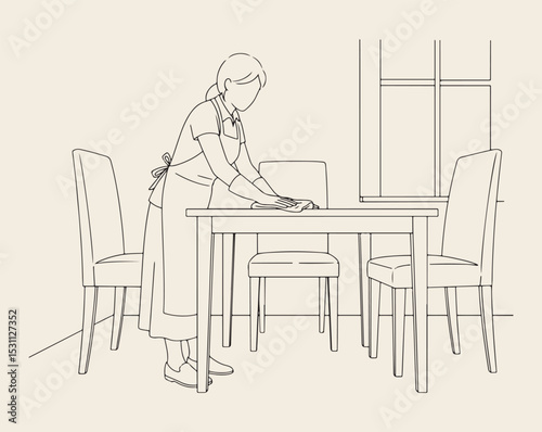 A simple line art drawing of a woman figure cleaning a table in a dining room