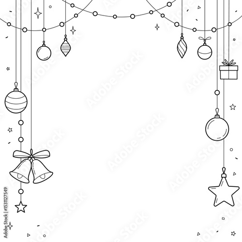 Christmas square frame with Christmas tree toys.   Christmas decorations black on white background. Outline vector illustration
