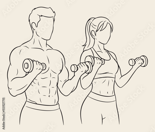 A simple line art illustration featuring a couple performing bicep curls.