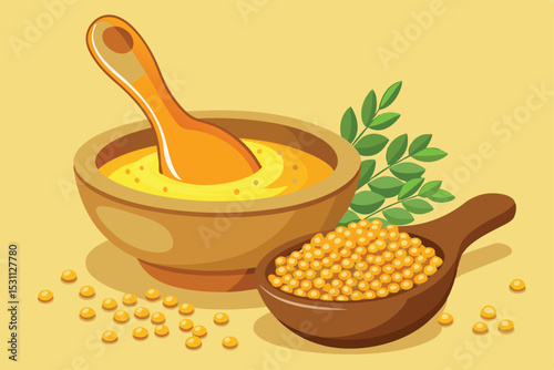 Yellow, organic, raw honey in a wooden bowl with a spoon, a healthy food ingredient