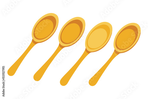 Isolated wooden kitchen utensils, including spoons, spatulas, and forks, are arranged on a white background
