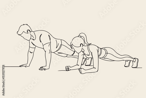 A simple line drawing illustrating a couple engaging in a plank exercise
