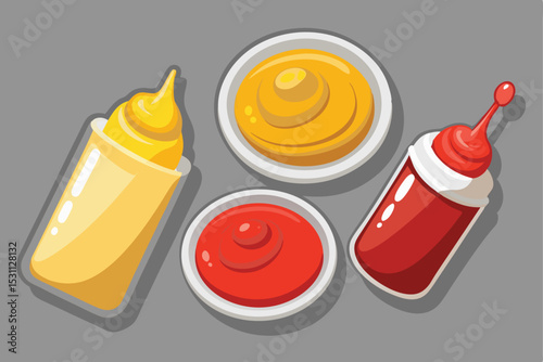 An isolated set of ketchup and mustard bottles with red, yellow, and orange liquids