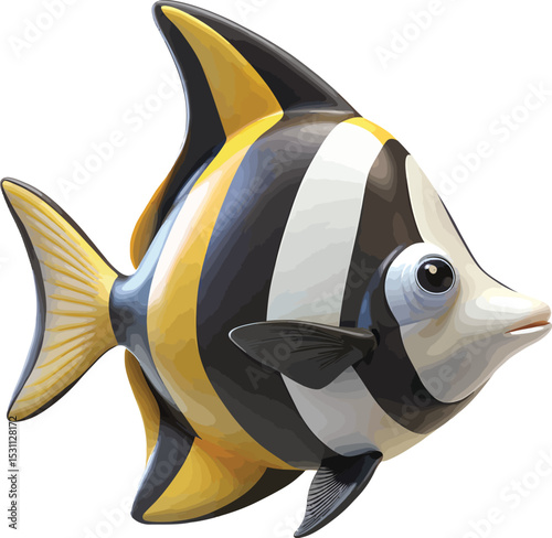 A vibrant cartoon fish with black, yellow, and white stripes swims gracefully against a stark white background