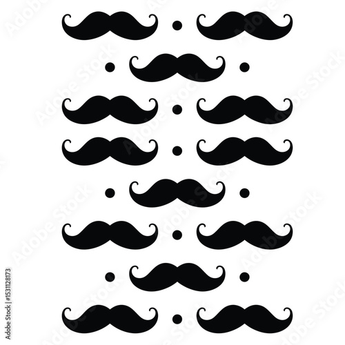 a seamless repeating pattern of stylized dark teal mustache silhouettes with small dots on white background