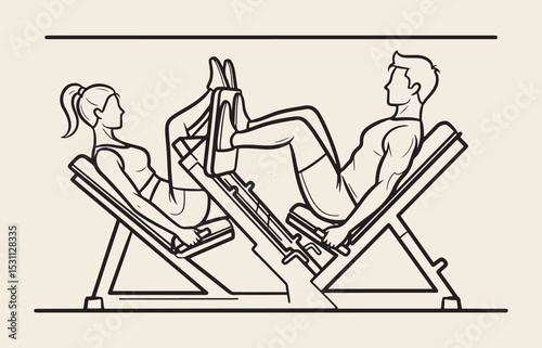 A simple black and white line drawing of a couple doing a leg press exercise