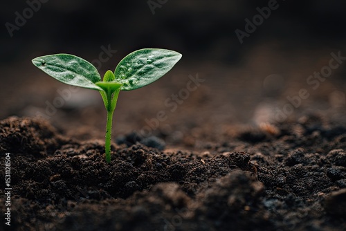 Tiny sprout emerging from dark soil