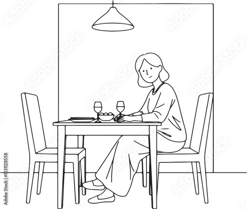 A minimalist line art drawing of a simple figure, perhaps a woman, seated at a dining table in a simple dining room