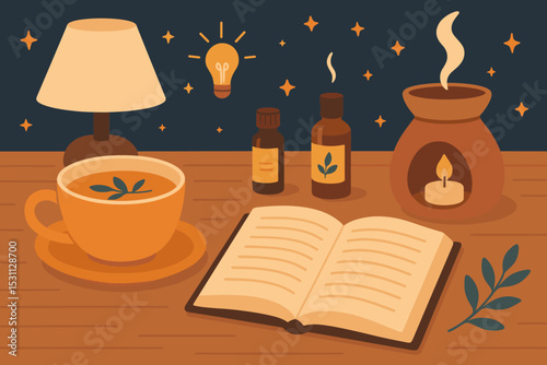 Peaceful Bedtime Routine. Vector illustration of peaceful bedtime routine including herbal tea, reading a book, dim lights, and