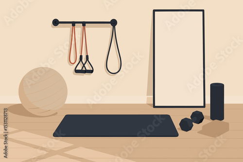 Minimalist Home Gym Setup. Vector illustration of home gym space with yoga ball, resistance bands, mat, mirror, and minimalist