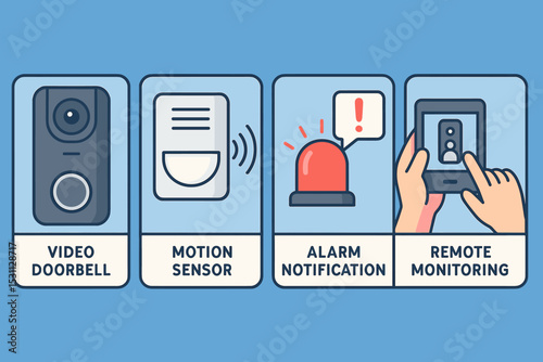 Smart Home Security. Vector illustration of smart security system with video doorbell, motion sensor, alarm notification, and