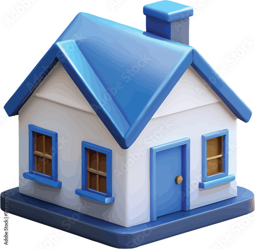 A charming 3D-rendered cartoon house with a blue roof and white walls, perfect for children's illustrations or games.