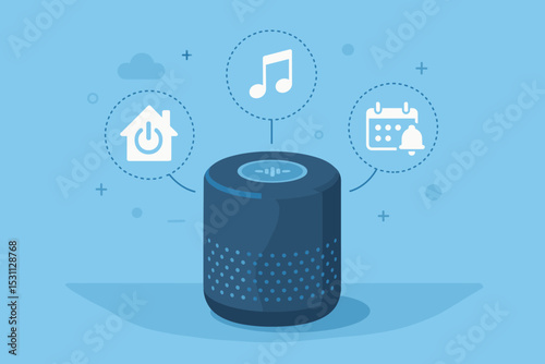 Smart Speaker Integration. Vector illustration of smart speaker with voice assistant integrating home control, music playback, and