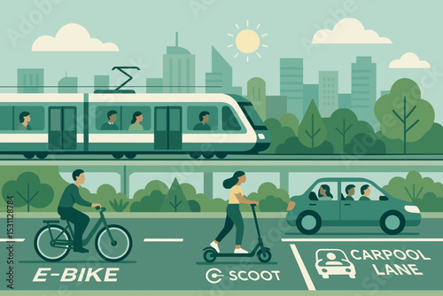 Urban Mobility Solutions. Sustainable city in motion — Vector illustration of mixed transit options including e-bikes, light rail,